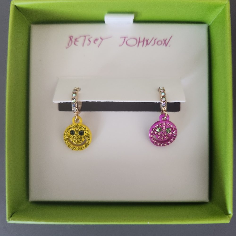 Betsey Johnson Yellow & Pink Crystal Smiley Face Huggie Earrings